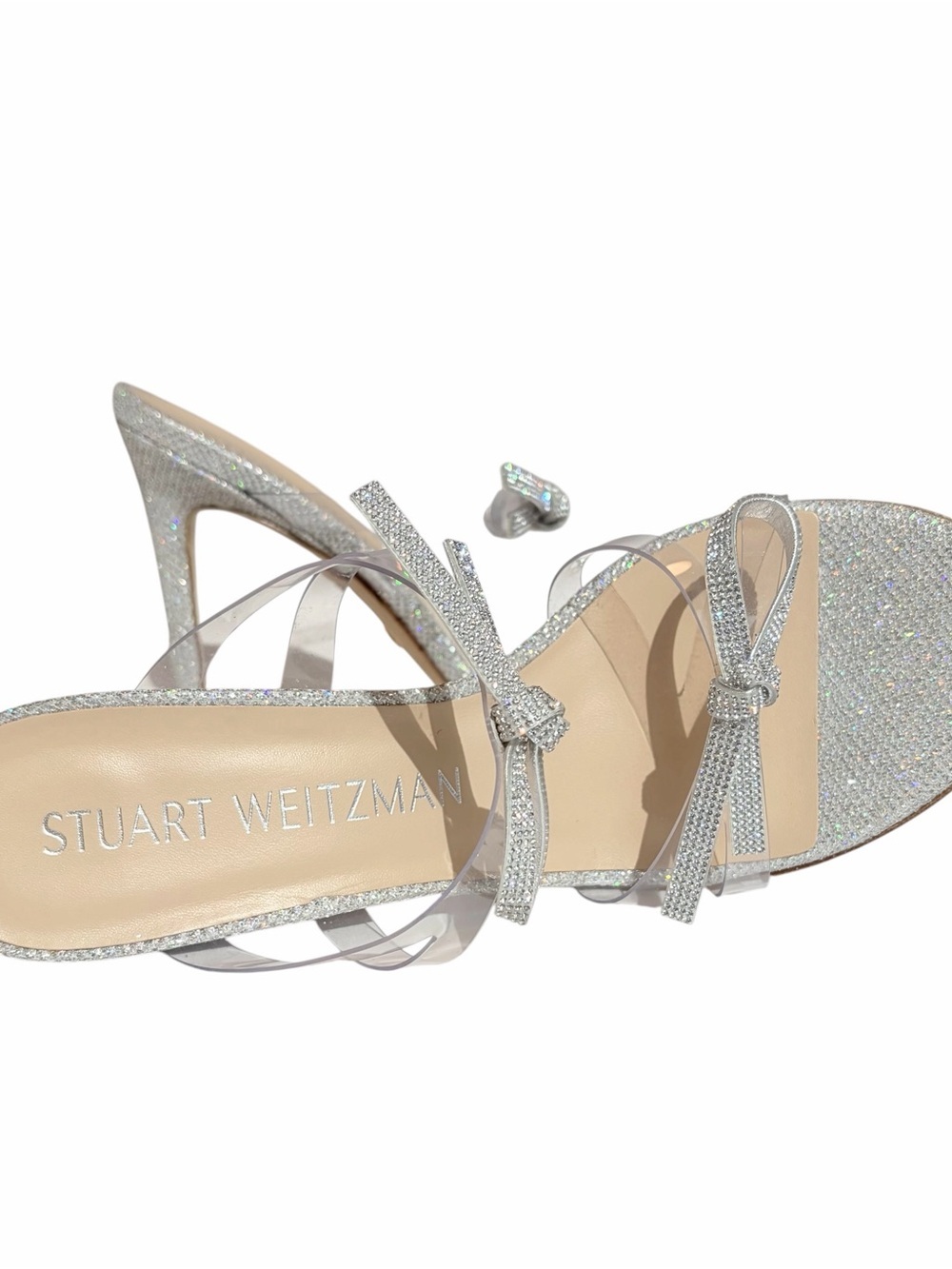 Stuart Weitzman Silver Rhinestone Bow Slide High Heels. New in Box - Picture 4 of 6